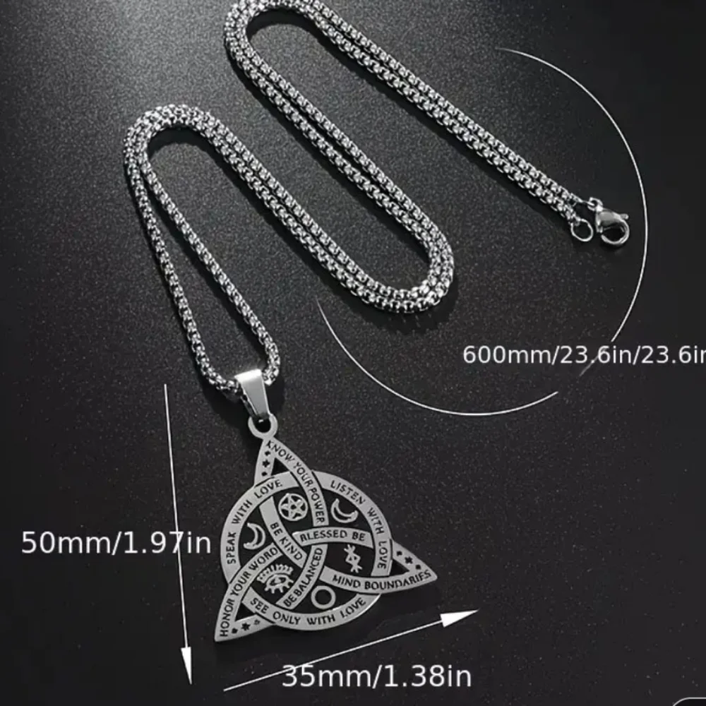Stainless Steel Triquetra Pendant Necklace with Inspirational Engravings.